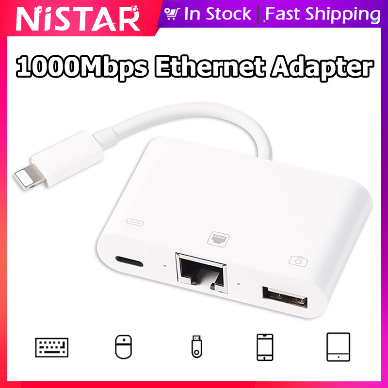 Nistar Lightning to USB 3.0 + พอร์ตอีเธอร์เน็ต RJ45 พร้อมอะแดปเตอร์พอร์ตชาร์จเร็ว PD สําหรับกล้อง/ดิสก์ U/เมาส์/คีย์บอร์ด/iPad,3 in 1 USB OTG hub สําหรับ iPhone 15 Pro max14 plus 13 12 11