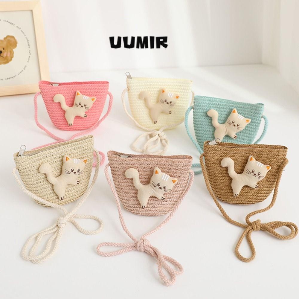 Uumir กระเป๋าฟางขนาดเล็ก, ซิปทําด้วยมือทอเด็ก Messenger กระเป๋า, การ์ตูนแมว Photo Props กระเป๋าใส่เหรียญตะกร้าเก็บ