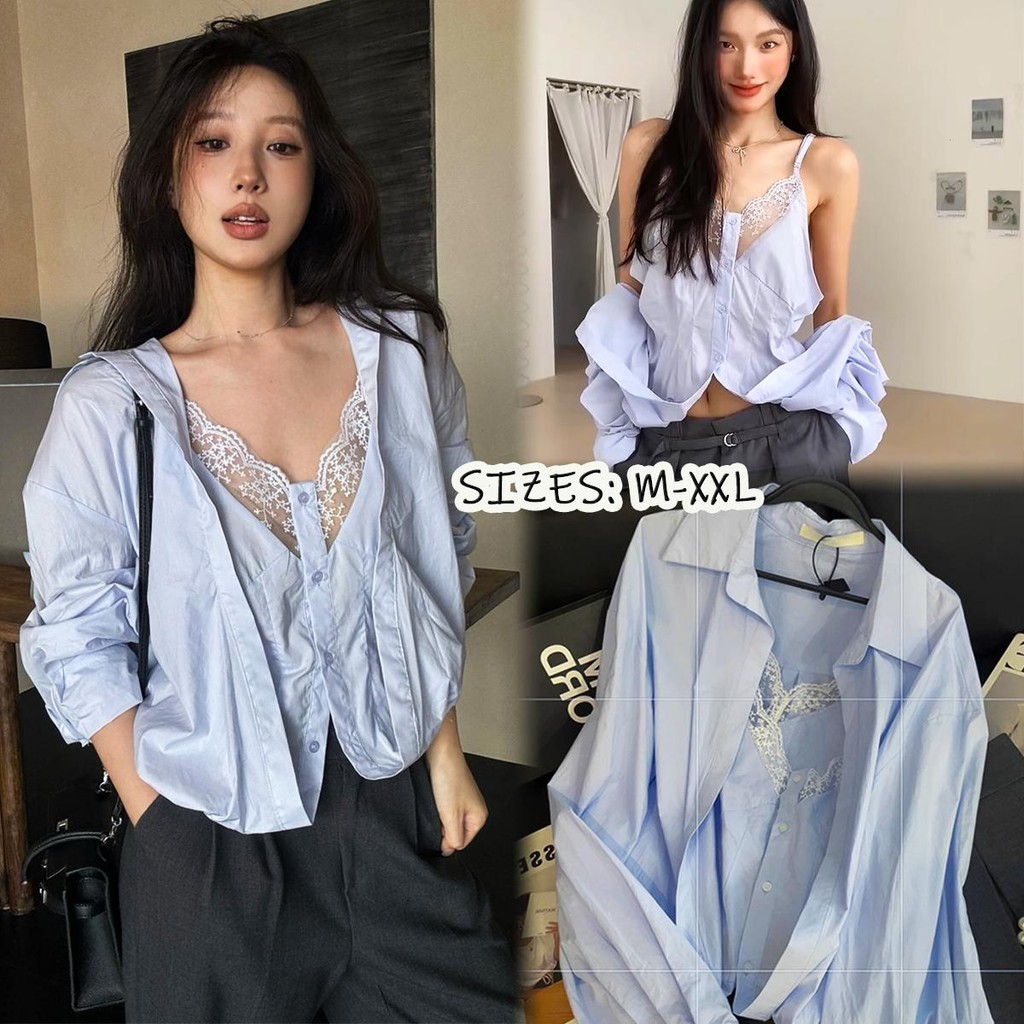 KOKO#สูท 2 ชิ้น: เสื้อแขนยาว+สายเอี๊ยมคอวี เสื้อครอปสีฟ้า ขอบลูกไม้คอวี เซ็กซี่ ผู้หญิง#W568