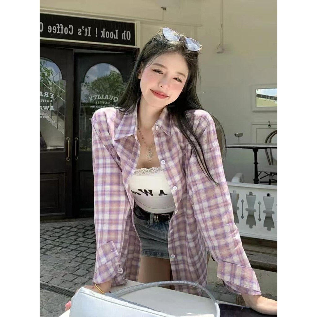 🌺เสื้อเชิ้ต🌺เสื้อลายสก๊อตสีม่วง,เสื้อลำลองแบบเดี่ยว,เสื้อลำลองฤดูใบไม้ผลิและฤดูร้อนคุณภาพสูง