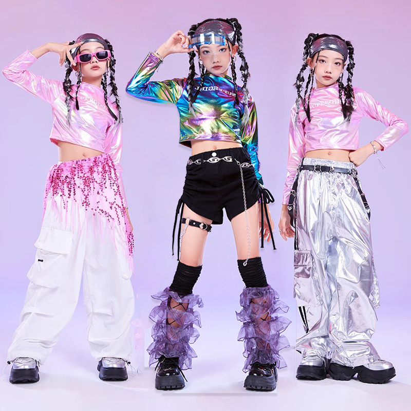 เด็กสาวกลุ่ม kpop ชุด Sequined street dance ชุด Catwalk Cropped Navel top Hip-Hop Bright หนัง Cargo กางเกงชุดนักบินอวกาศประสิทธิภาพเครื่องแต่งกาย