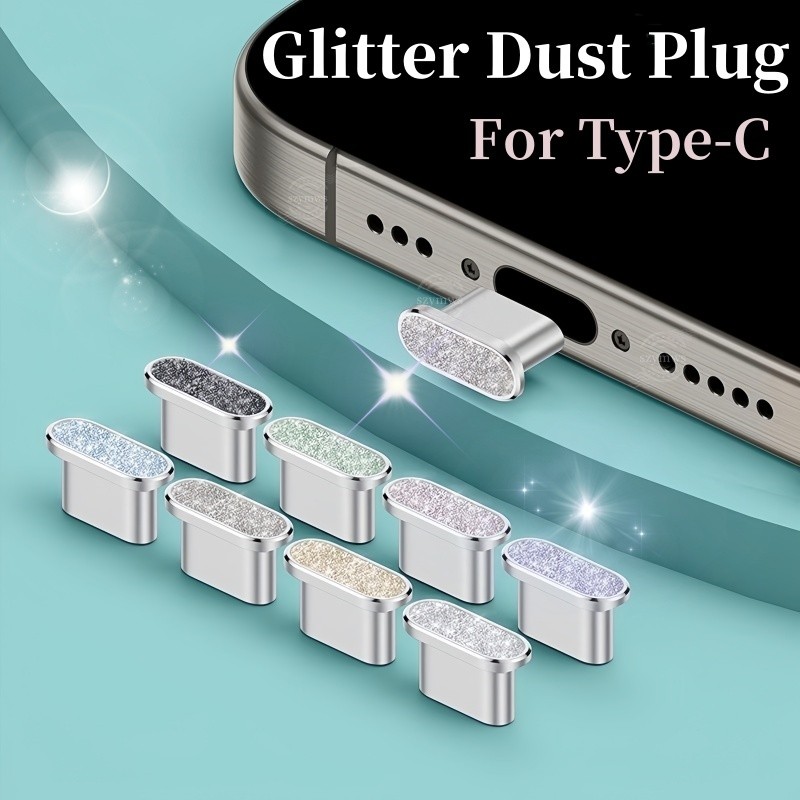 ปลั๊กฝุ่นโทรศัพท์สําหรับ iPhone 15/16/17 Pro Max 17 Air 16 15 Plus Series Type-C Glitter ปลั๊กโลหะซ็อกเก็ตพอร์ตชาร์จกันฝุ่น