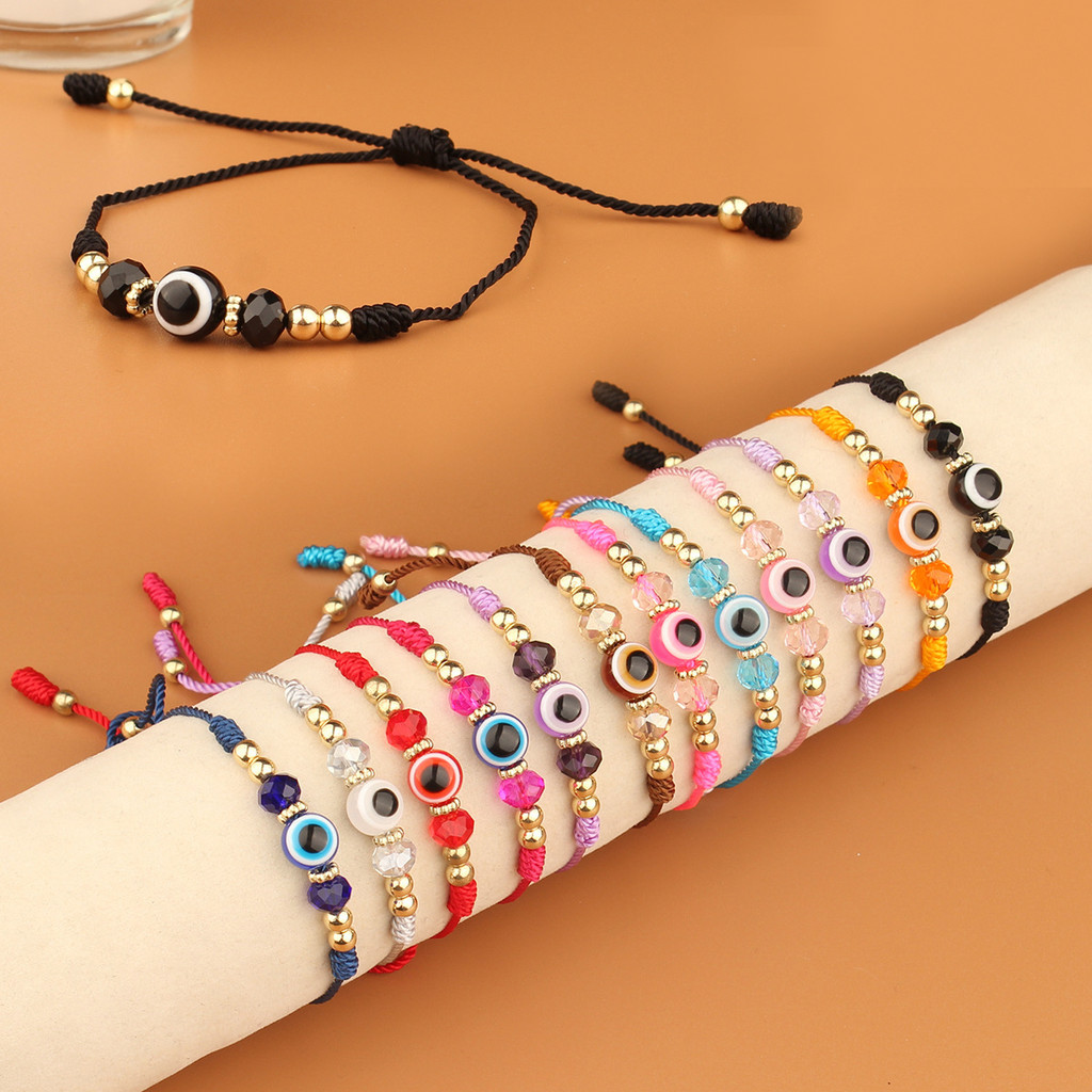 Evil Eye สร้อยข้อมือลูกปัดคริสตัล Faux ปรับเชือกถักสายรัดข้อมือ Unisex เครื่องประดับอุปกรณ์เสริม