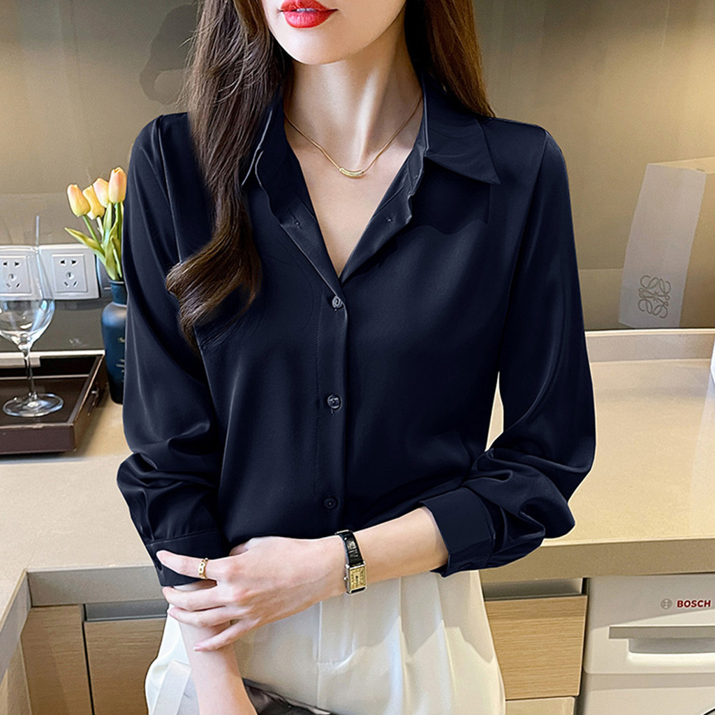 เสื้อเชิ้ตแขนยาวผ้าชีฟองสวยๆ สำหรับสาวๆ สวมใส่สบายในทุกฤดูกาล ราคา ถูกที่สุด ดีลบีเคเค แกลเลอรีภาพที่ 3