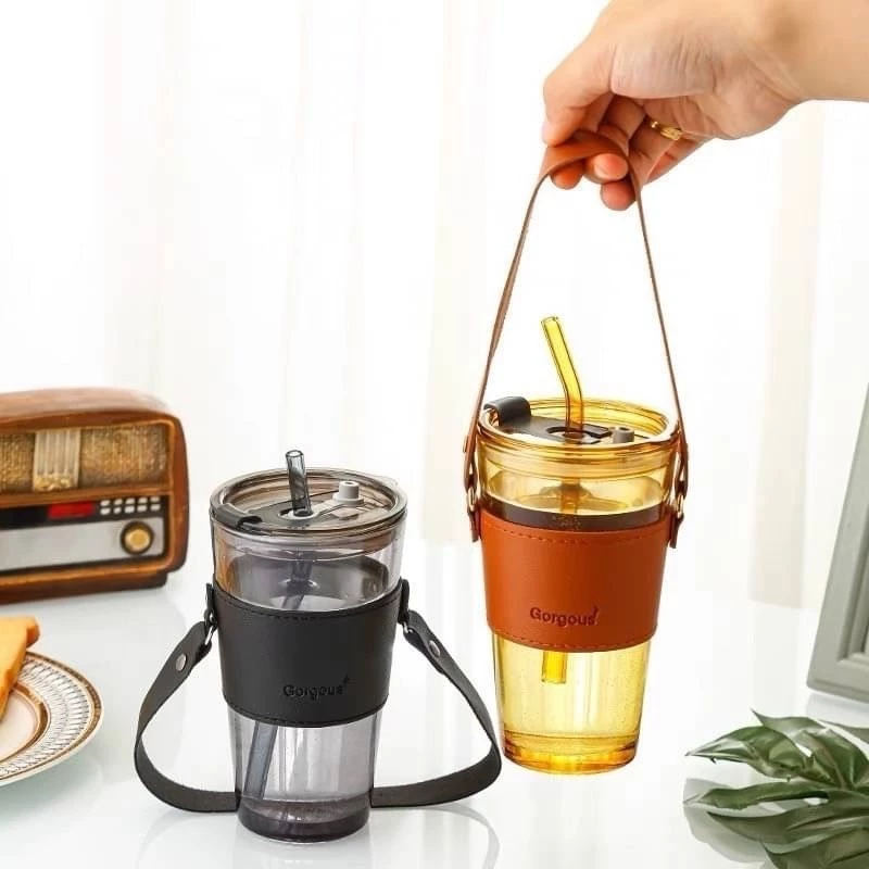 แก้วน้ำดื่ม ขวดน้ำ ถ้วยกาแฟ [ส่งเร็วพิเศษ!] แก้วกาแฟร้อน-เย็น มีที่จับเป็นหนัง และสายหิ้วทรงสูงแก้วน้ำ แก้วเครื่องดื่ม