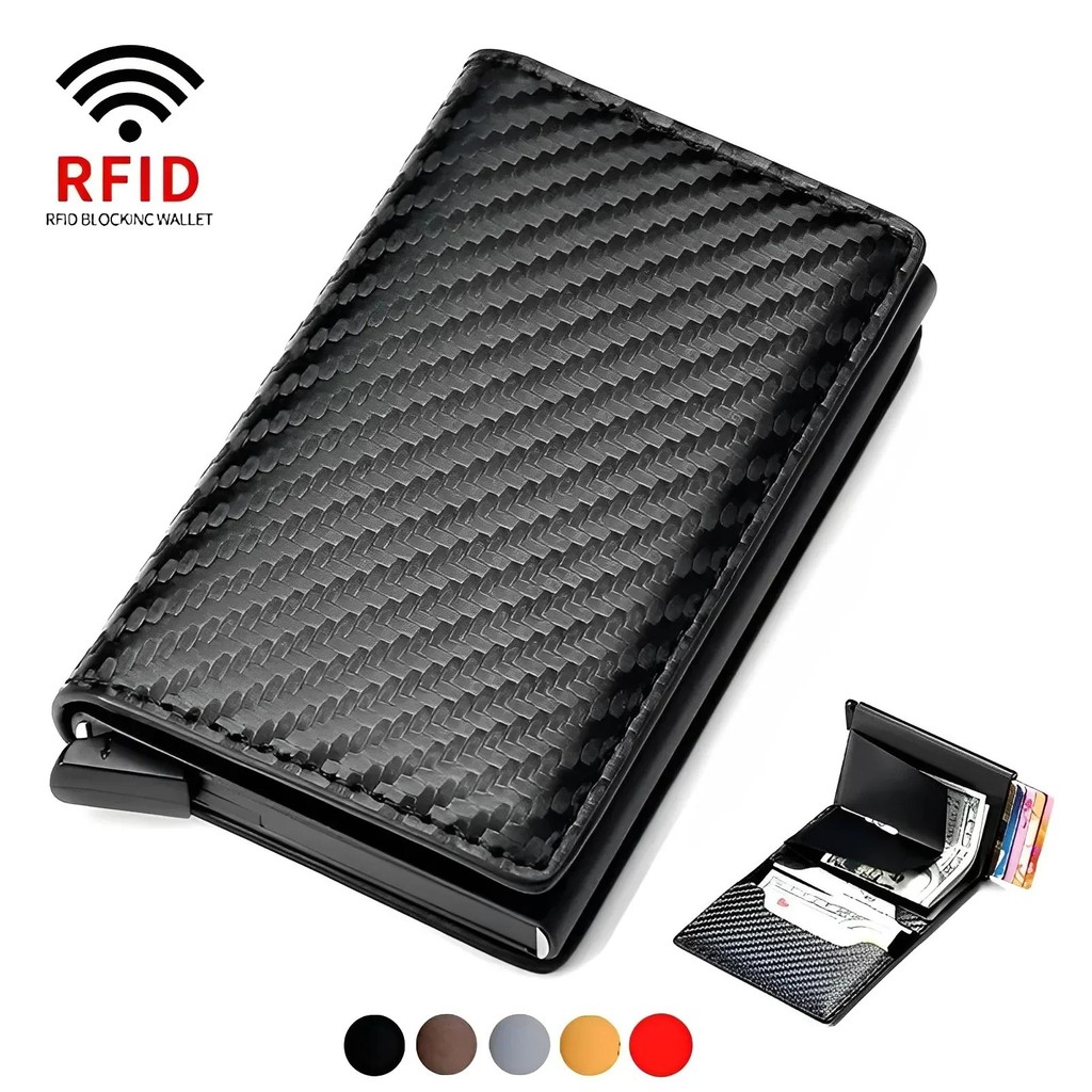 Minimalist Mens กระเป๋าสตางค์คลิปเงินอลูมิเนียม Pop Up Card Case และช่องใส่การ์ดหนังผู้ถือบัตรเครดิต RFID Blocking Wallet