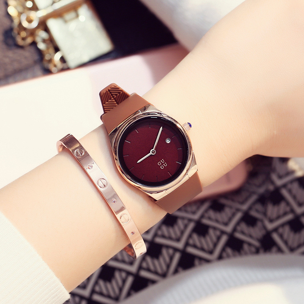 นาฬิกาสปอร์ตซิลิโคน GUOU GUOU อินเทรนด์ Simple Quartz Dial คู่สายปฏิทินแฟชั่น Unisex นาฬิกา
