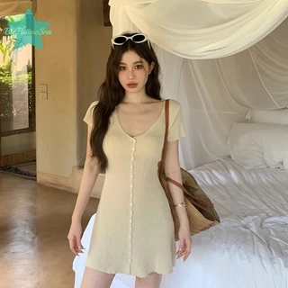 [BigHouseSea] ชุดเดรสถักคอวีแฟชั่นเรียบง่ายชุดสตรีเอวบาง A-Line ฤดูร้อนใหม่