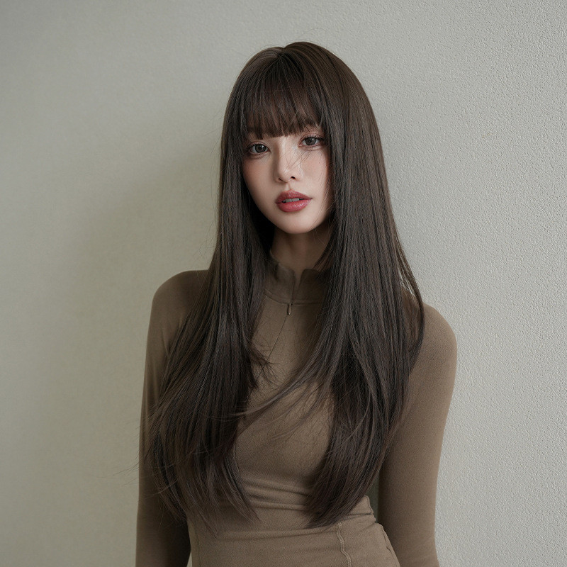 7JHH WIGS วิกผมหญิงผมยาวตรง Lady Qi Bangs เส้นใยเคมีจําลองผมยาวตรงเต็มหมวก