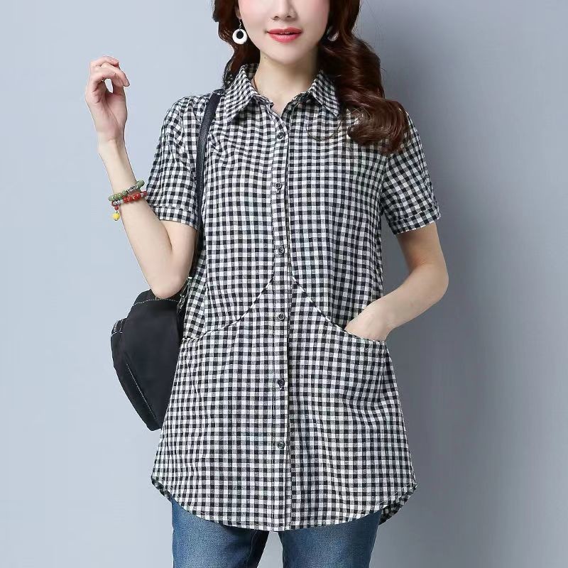 เสื้อเชิ้ตแขนสั้น ลายสก๊อต ทรงหลวม ขนาดใหญ่ ความยาวปานกลาง สไตล์ฮ่องกง เรโทร สําหรับผู้หญิง