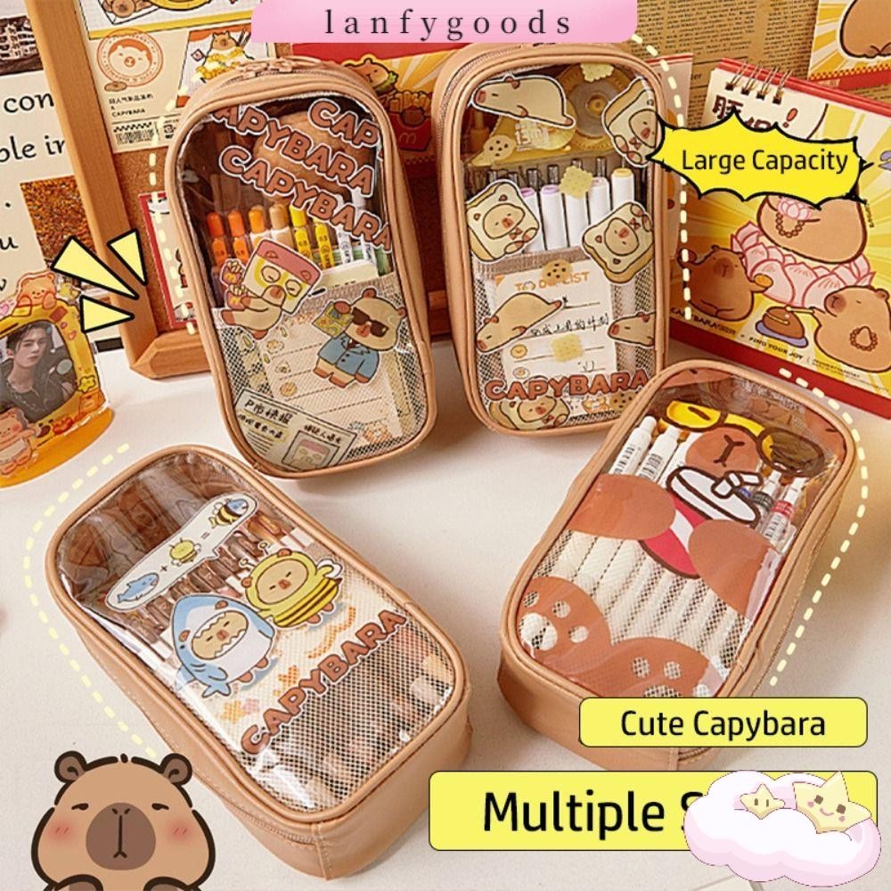 Lanfy กระเป๋าใส่ปากกา ดินสอ หลายชั้น กันน้ํา จุของได้เยอะ ลายการ์ตูนคาปิบารา สําหรับนักเรียน