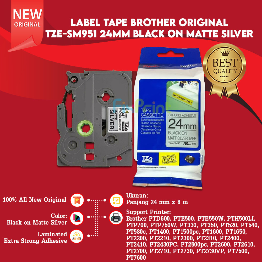 Label Tape สีดําบน Matte Silver 24mm TZE-SM951 Casette, เครื่องพิมพ์ Brother PTD600 PTE500 ใหม่เดิม
