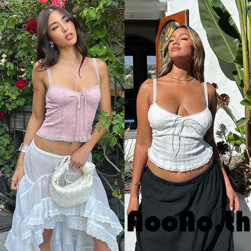 Aooao-เสื้อกล้ามผู้หญิงแขนกุดเปิดหลังแต่งลูกไม้ผูกโบว์
