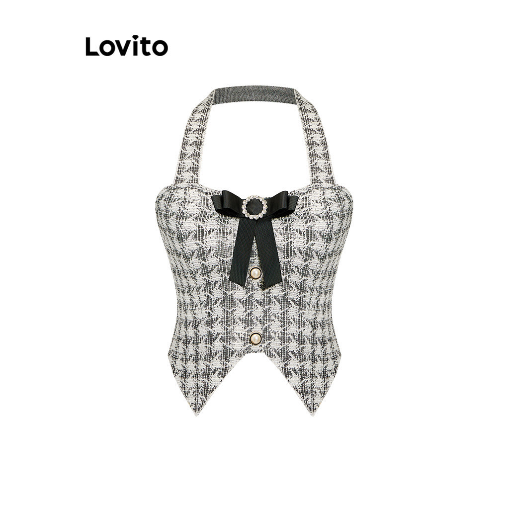 Lovito เสื้อคล้องคอผู้หญิง แต่งโบว์ ลายฮาวส์ทูธ สไตล์น่ารัก L85AD202