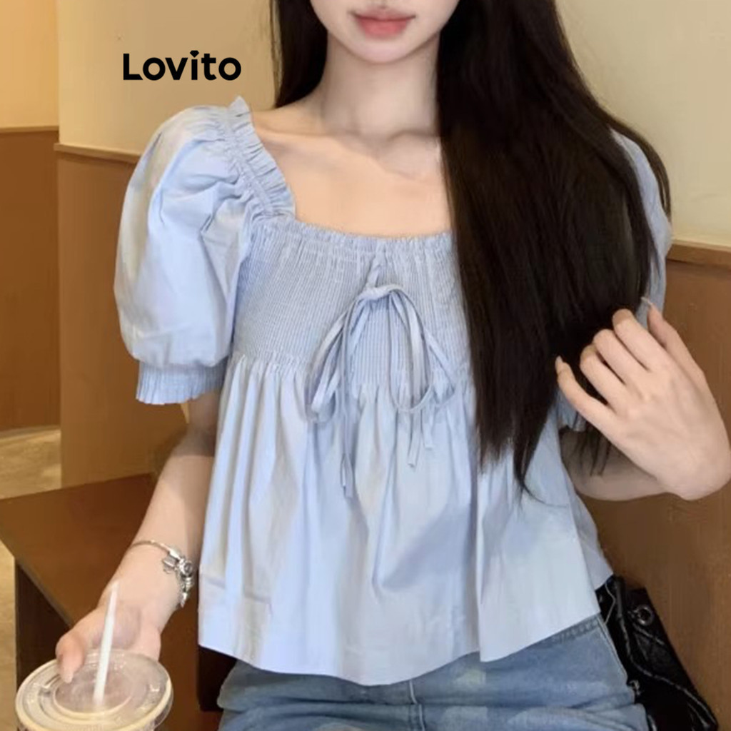 Lovito เสื้อเบลาส์ผู้หญิง แต่งโบว์ สีพื้น สไตล์ลำลอง LNA48069