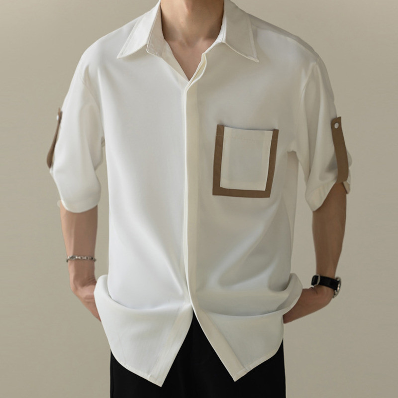 เสื้อเชิ้ตแขนสั้นหลวมๆสีขาวสไตล์เกาหลีสำหรับผู้ชาย เสื้อเชิ้ตผู้ชาย