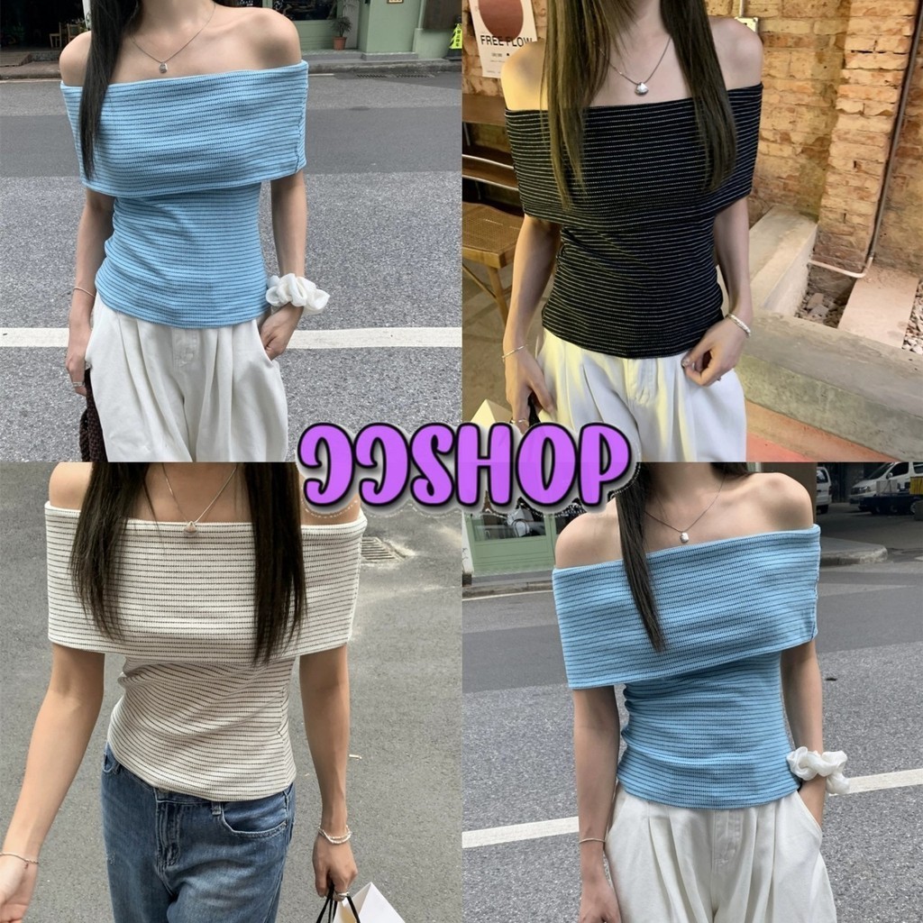 JJ Shop​ ​พร้อมส่ง เสื้อเปิดไหล่ไหมพรม ลายทาง ใส่ง่ายเบาสบาย "18042"