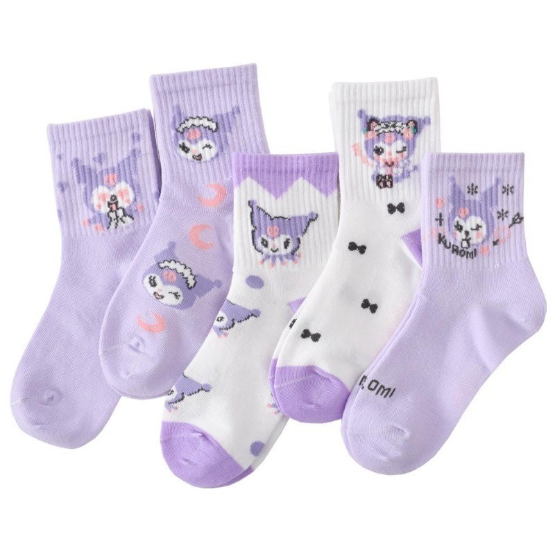 5 คู่ Sanrio Kuromi Mymelody Pom Pom Purin เด็กถุงเท้ายาวกลาง Ins Breathable Minimal Design Leisure ถุงเท้ากีฬาสาวของขวัญน่ารัก