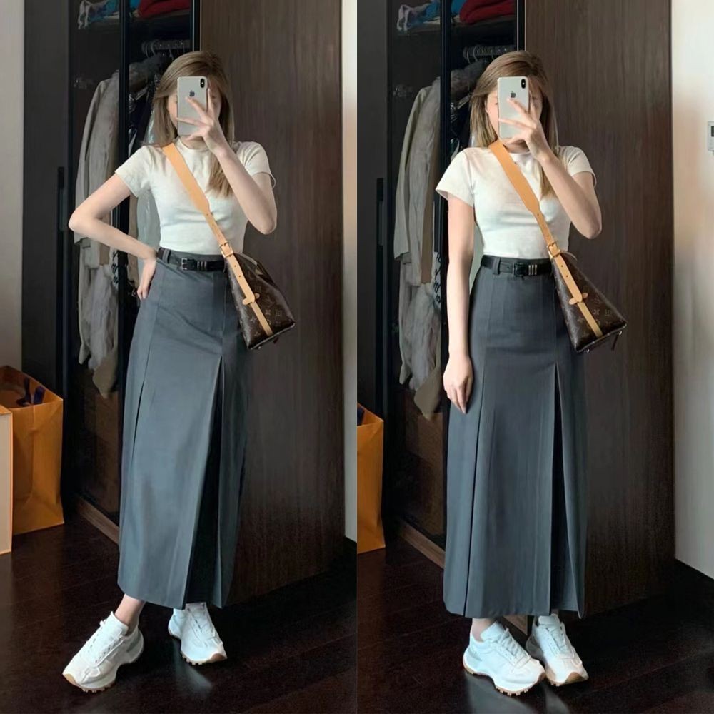 ขนาดใหญ ่ ไขมัน mm Slimmer ดูเนื ้ อความยาวกลางกระโปรงเอวสูงกระโปรงสีเทาผู ้ หญิงฤดูใบไม ้ ผลิฤดูร ้ อนสไตล ์ ใหม ่ Slim-fit a-line Umbr