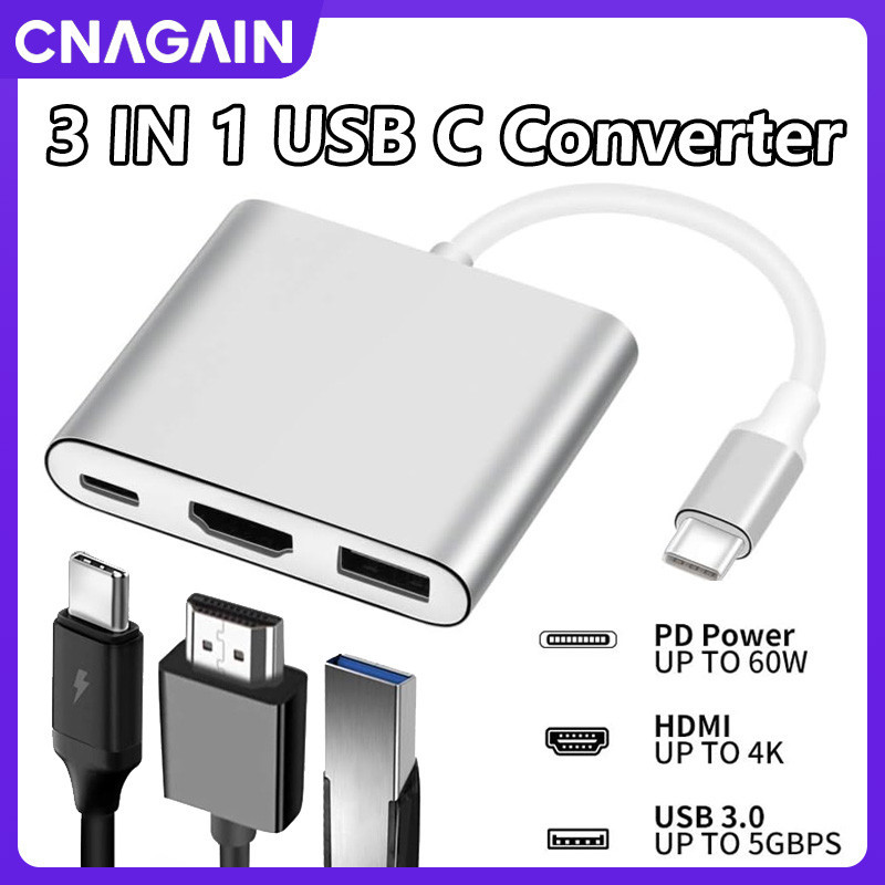 Cnagain 3 IN 1 Type C ตัวแปลงมัลติฟังก ์ ชั ่ น , 4K USB C เป ็ นอะแดปเตอร ์ วิดีโอ HDMI พร ้ อมพอร ์ ตชาร ์ จเร ็ ว + USB 3.0 OTG สําหรับ MacBook Pro/Air/Samsung S24/S23 Ultra to U Disk/Monitor/HDTV