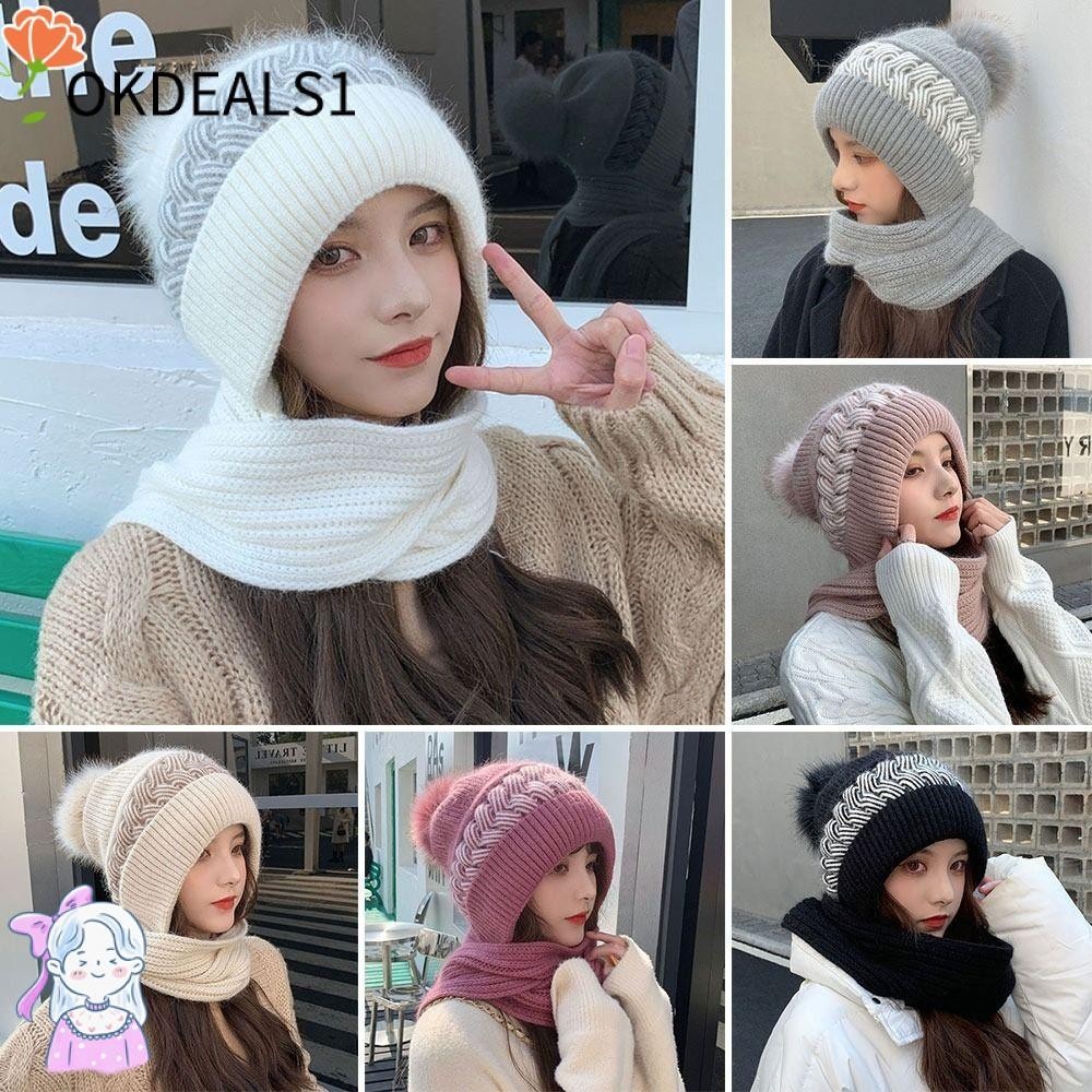 Dealshop ผ้าพันคอ หมวกบีนนี่ถัก หนานุ่ม อบอุ่น ป้องกันหู กันลม ฤดูหนาว สําหรับผู้หญิง