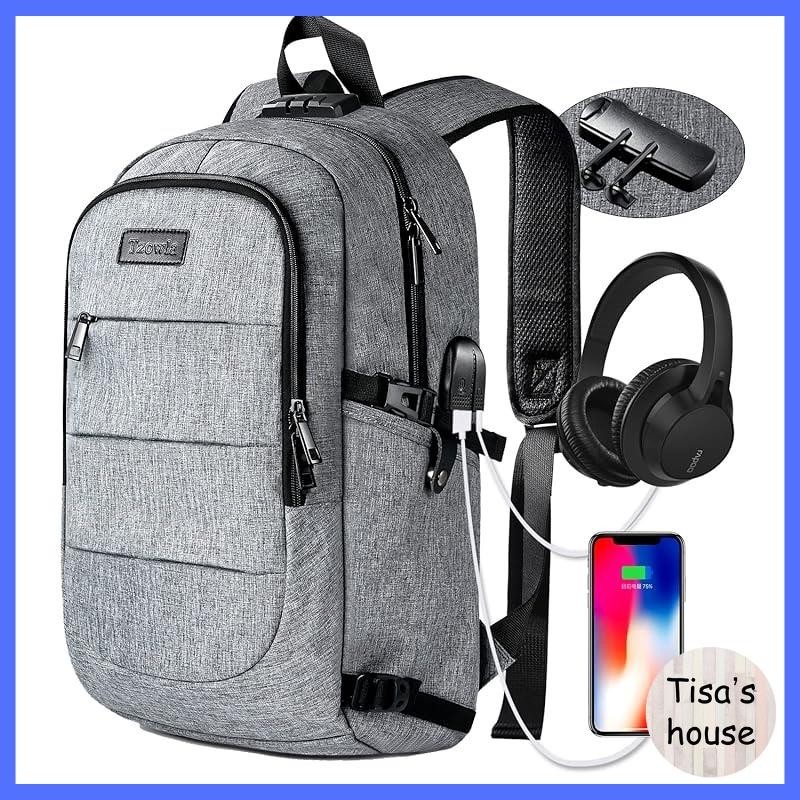 [Tzowla] Laptop Backpack Unisex Anti-Theft Waterproof Travel Work Backpack with USB Charging and Lock 15.6 Inch Computer Bag Gray