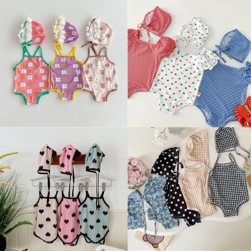 ฤดูร้อนสาวสไตล์ใหม่เด็กทารกน่ารักชุดว่ายน้ําชิ้นเดียว โดปามีน + หมวกว่ายน้ํา