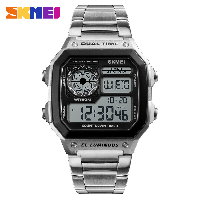 Skmei 1335 สายสแตนเลสนาฬิกาดิจิตอล Reloj Hombre นาฬิกากีฬาผู ้ ชาย 5Bar นาฬิกากันน ้ ํา 1998 1299