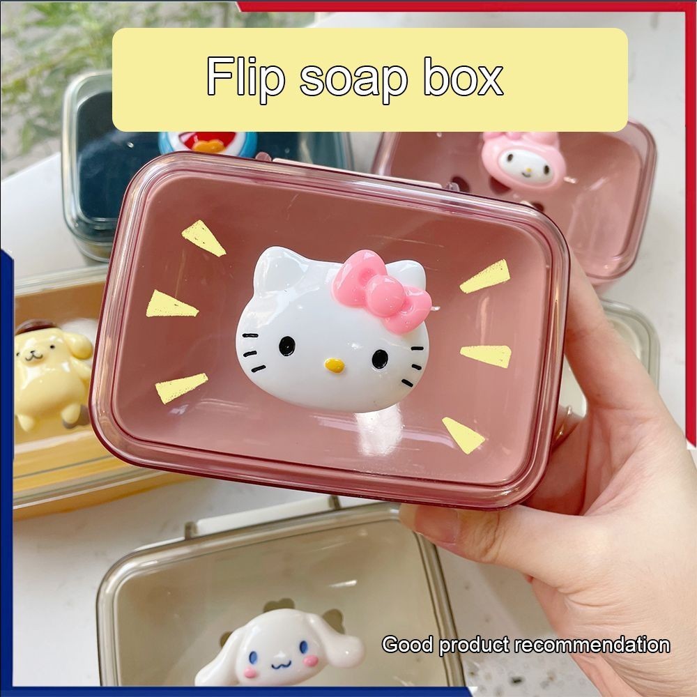 SANRIO กล่องสบู่ซานริโอพร้อมฝาปิดน่ารักการ์ตูน Melody Hello Kitty ชั้นวางท่อระบายน้ําสบู่ซักผ้าในห้องน้ําแบบไม่เจาะรู