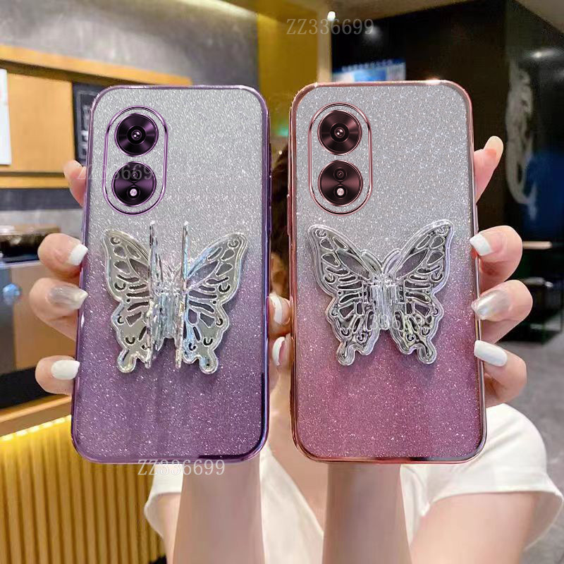 เคส OPPO A78 4G 5G A98 A97 ผีเสื้อพร้อมที่วางซิลิโคนเคสโทรศัพท์ใสนุ่มสําหรับสาว