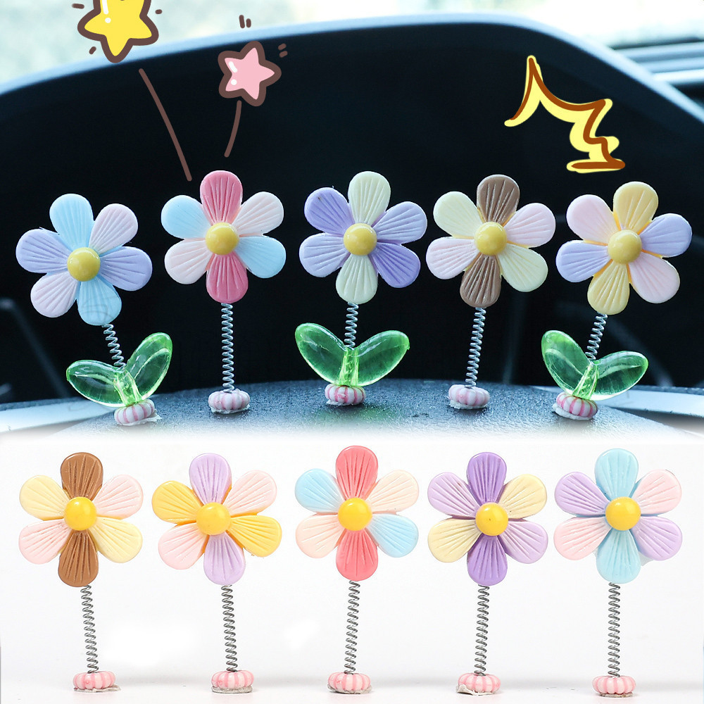 5ชิ้นสายรุ้งดอกไม้เขย่าหัวเครื่องประดับ-รถตกแต่งภายในกระจกมองหลัง-ดอกไม้สดฤดูใบไม้ผลิแกว่งของเล่น-diy Auto Decor-เครื่องประดับตลก-อุปกรณ์รถยนต์