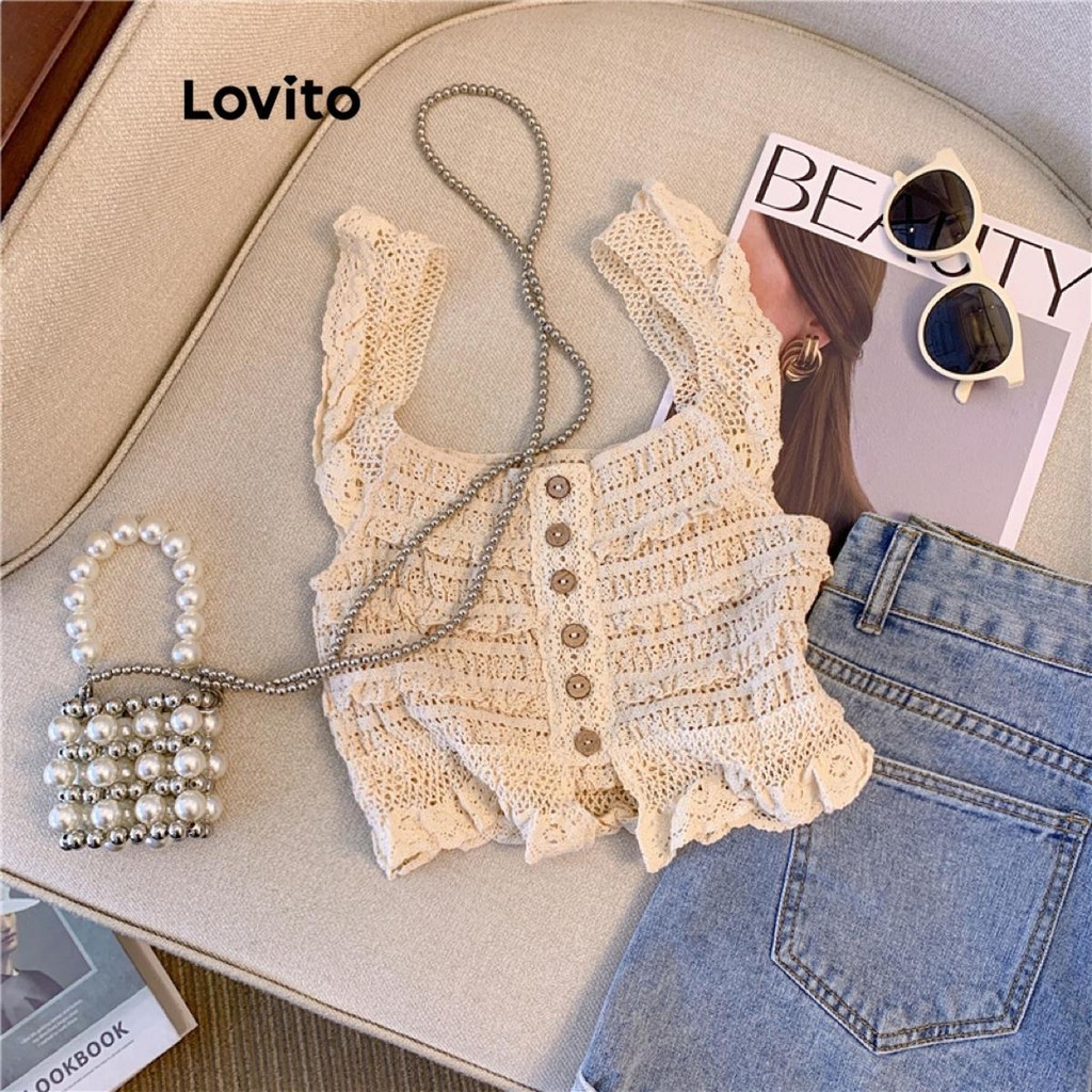 Lovito เสื้อแขนกุดผู้หญิง กระดุมหน้า สีพื้น สไตล์ลำลอง LNE53324