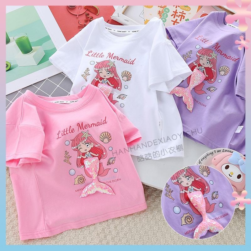Girls' Short-Sleeved Cotton Summer Thin Cartoon Printed Mermaid Princess Half-Sleeved Girls' Summer Clothes Children Shirt
