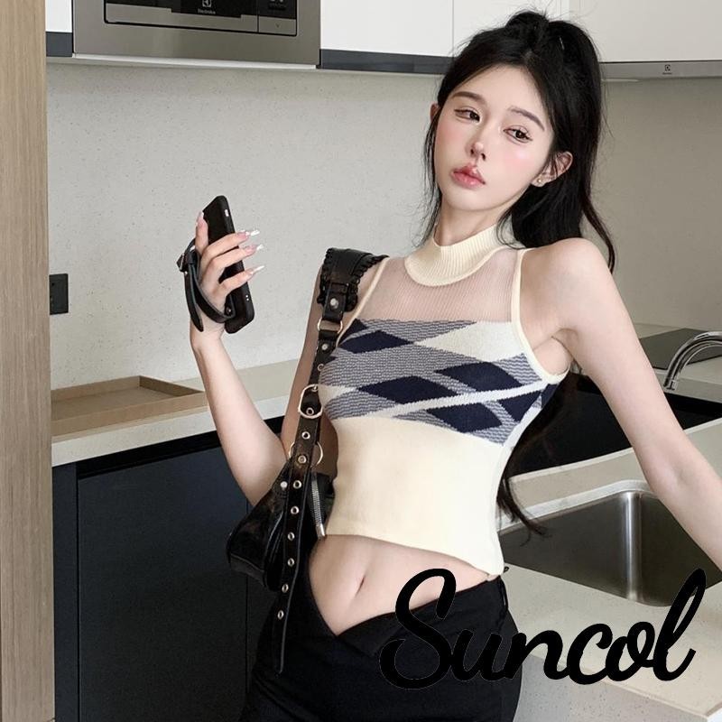 Suncol-women 's Summer Knit Tank Tops แขนกุดคอสูงลายพิมพ ์ เสื ้ อกั ๊ ก Sheer Crop