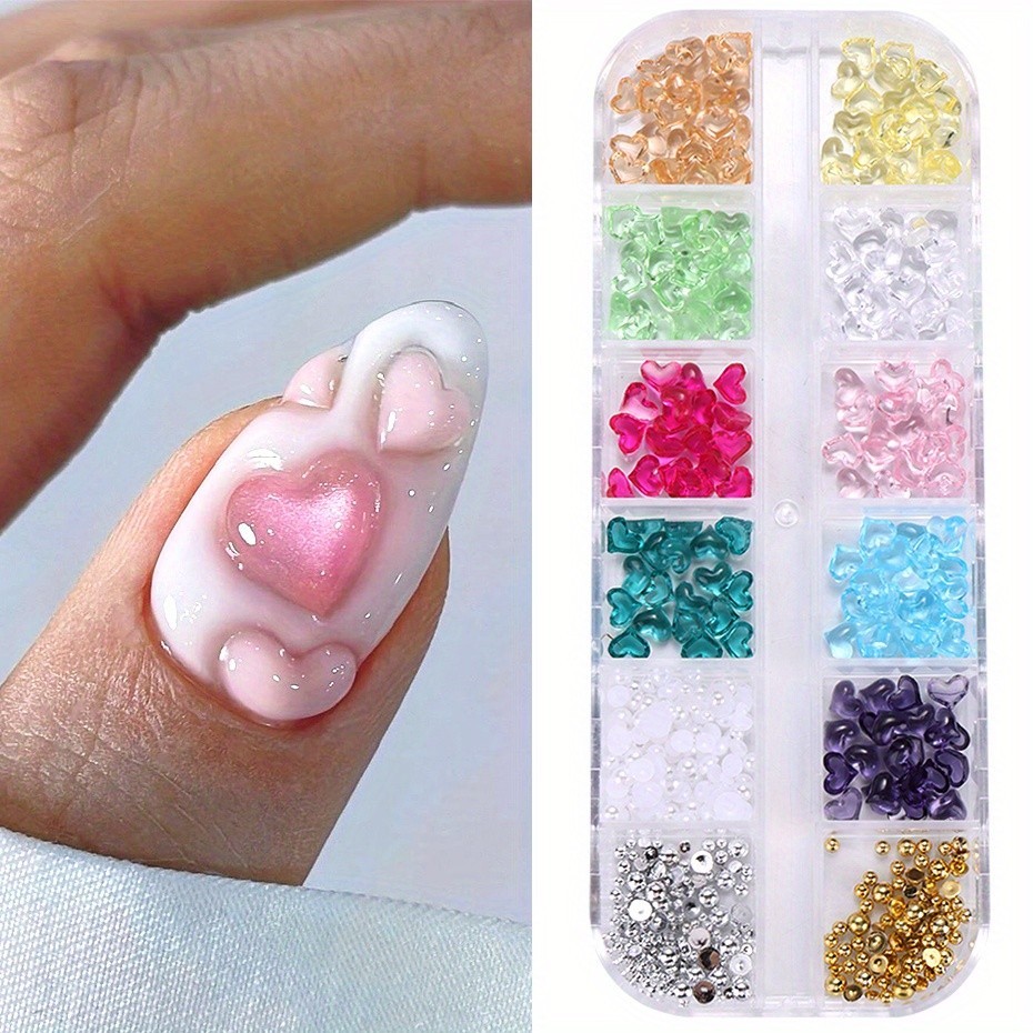12 กริดรูปหัวใจเล็บ Charms โปร่งใส Love Heart หินเรซิ่นเครื่องประดับเพิร์ลครึ่งลูกปัดเหล็กตกแต่งเล็บ Rhinestones