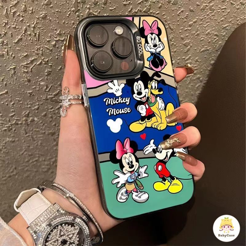 สร้างสรรค์น่ารักมิกกี้เมาส์คู่หรูหราชุบโลหะปลอกเลนส์ iPhone 13 11 15 12 14 Pro Max X XS XR MAX 14 15 6 7 8 Plus SE 2020