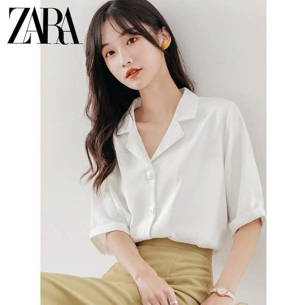 zara แท้ เสื้อ zara ZARA เสื้อเชิ้ตแขนสั้นสีขาวออกแบบเฉพาะกลุ่มผู้หญิงฤดูร้อน2023ใหม่เสื้อคอวีผ้าชีฟองแมทช์ลุคง่าย