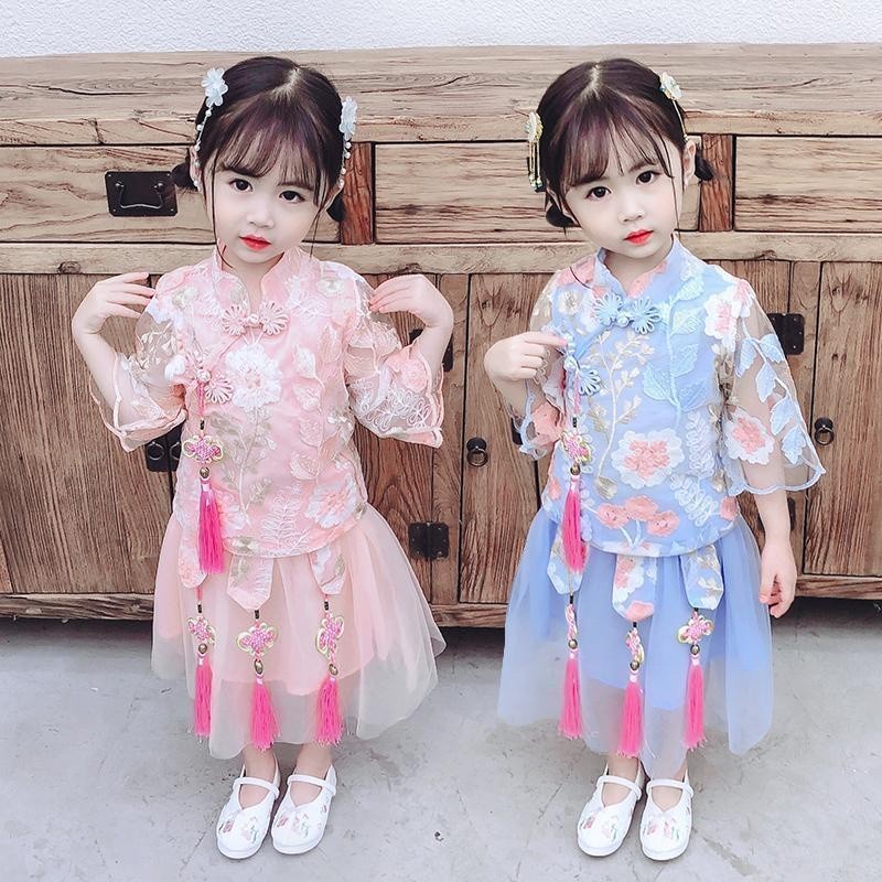 ใส่พร้อมสต็อกสาว ชม. อันฟู่ ชุด2022ฤดูใบไม้ผลิฤดูร้อนสไตล์ใหม่เสื้อผ้าเด็กเด็กสาวซูเปอร์นางฟ้าสไตล์จีนรสสูทสองชิ้นเด็กกลางแขนด้านบนกระโปรงฟรี ชม. หูฟัง 100-160ขนาด