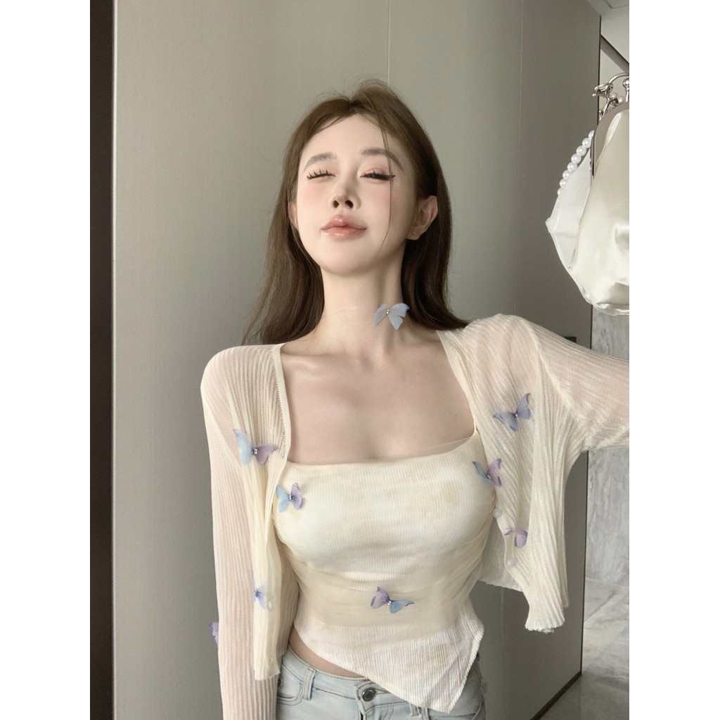 Maze⭐️พร้อมส่ง⭐️เสื้อตาข่ายสายเดี่ยวลายผีเสื้อ3Dน่ารักๆมาพร้อมกับคลุมกันลมแขนยาวผ้าบางนุ่มใส่สบาย（9311-1+9311-3） ราคา ถูกที่สุด ดีลบีเคเค แกลเลอรีภาพที่ 6