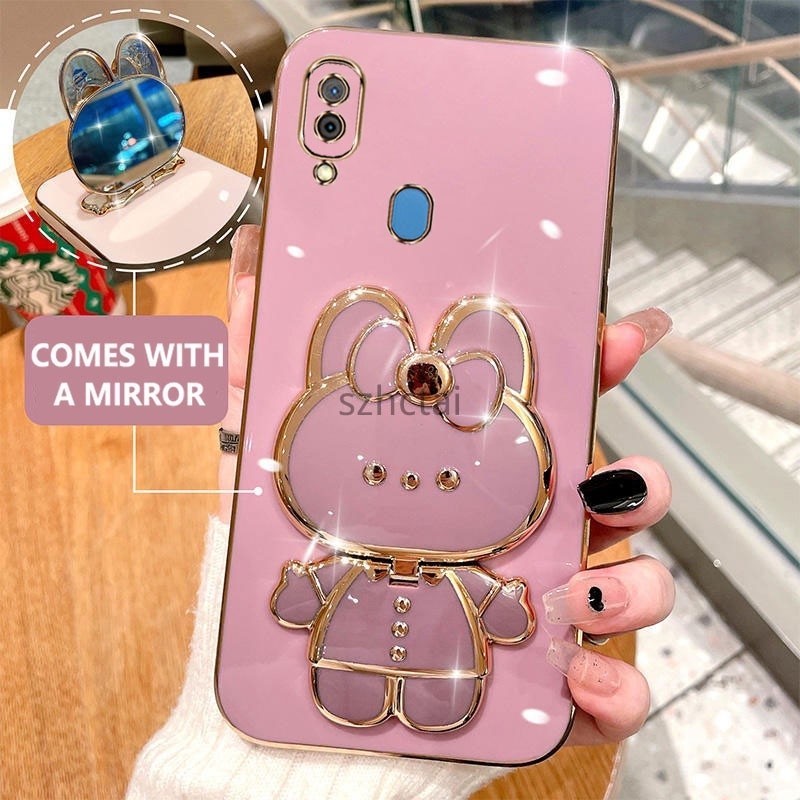 โทรศัพท์มือถือชุบหรู Samsung a20 a30น่ารักรูปกระต่ายกรณีโทรศัพท์กับ 360 องศาหมุนผู้ถือกรณีกับกระจกเค
