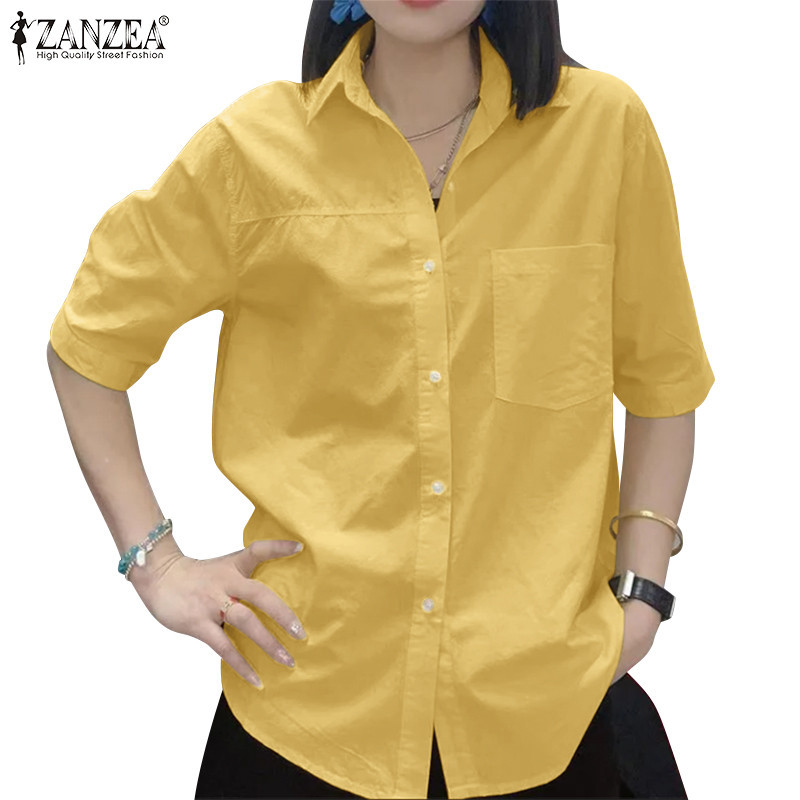 Zanzea ผู ้ หญิงเกาหลีลําลองหลวม Turn-Down-Collar กระเป ๋ าปุ ่ มเสื ้ อสีธรรมดา