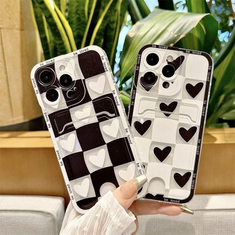 Insสีดําสีขาวลายตารางหมากรุกหัวใจเคสโทรศัพท์กันกระแทกrealme 5 5i 6i A1K C2 2 8 9 10 11 Pro 12+ 8i 9i 10T 5G 11X Realme10 Realme8 4G Realme5 กรณี