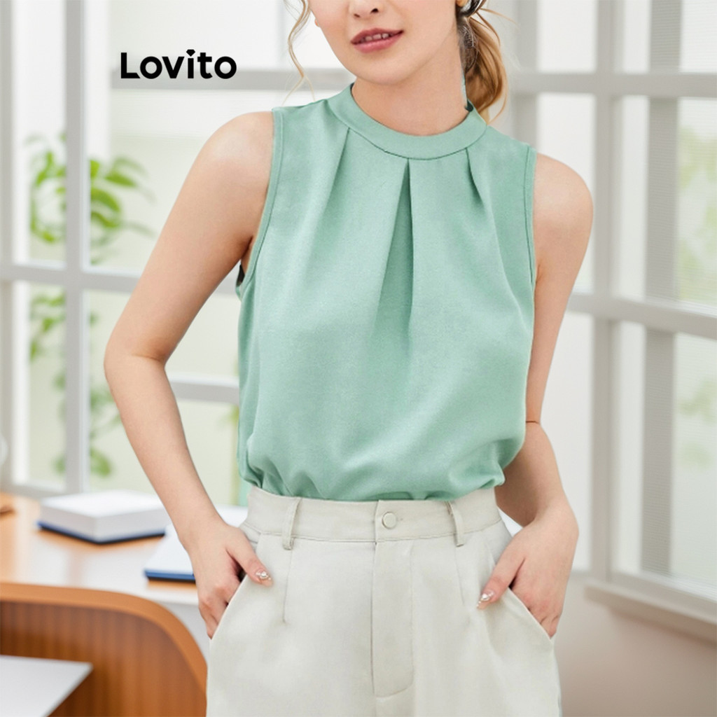 Lovito เสื้อเบลาส์ผู้หญิง แต่งจีบ สีพื้น สไตล์หรูหรา L80ED007
