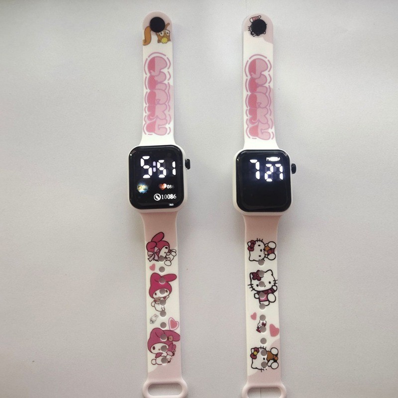 Kawaii Sanrio นาฬิกา Cinnamoroll Melody เด็ก LED Luminous นาฬิกา Kuromi Hello Kitty นักเรียนนาฬิกาข้อมือเด็กของขวัญวันเกิดของเล่น