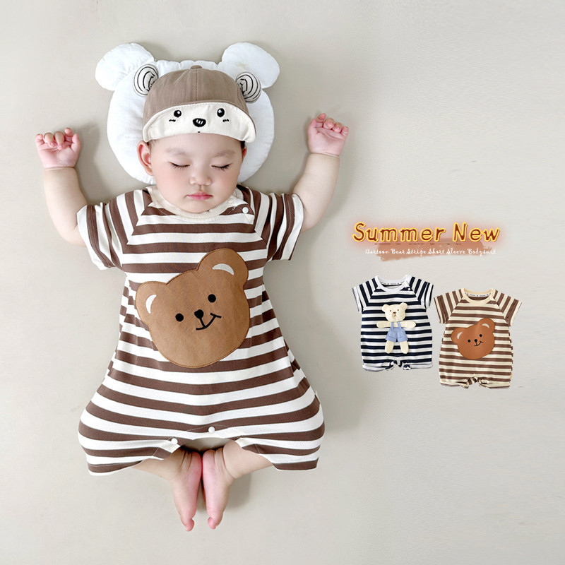 คุณภาพสูงฤดูร้อนใหม่เสื้อผ้าเด็กชายหญิงแขนสั้นบอดี้สูท0-24เดือนทารกแรกเกิดผ้าฝ้ายน่ารักการ์ตูนหมีลาย ชุดรอมเปอร์