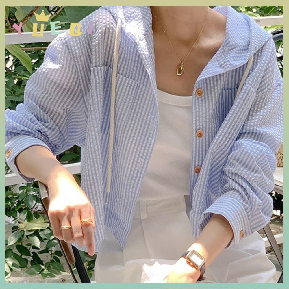 ยูกิ เสื้อลายทาง,เสื้อแจ็คเก็ตกันแดดแบบสั้นสีตัดกัน,เสื้อมีฮู้ดกระดุมแถวเดียวทรงหลวมแฟชั่นสําหรับผู้หญิงสาว