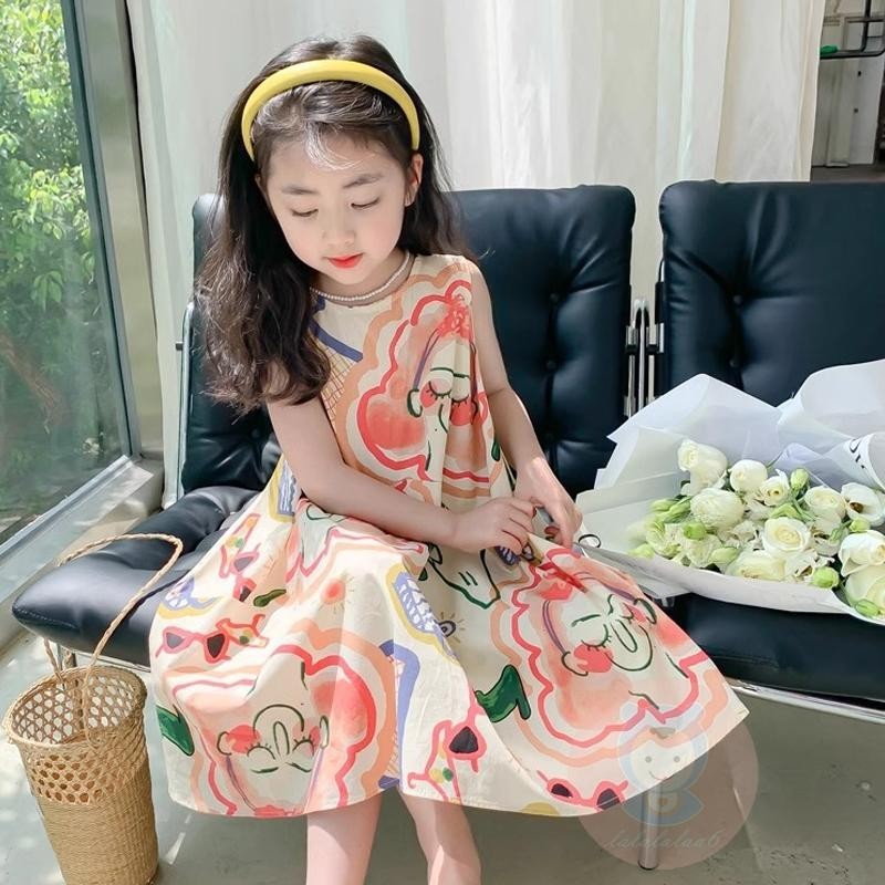 Laa6-kids Girls Graffiti พิมพ์รอบคอแขนกุดลําลองฤดูร้อนแฟชั่นชุดเจ้าหญิง