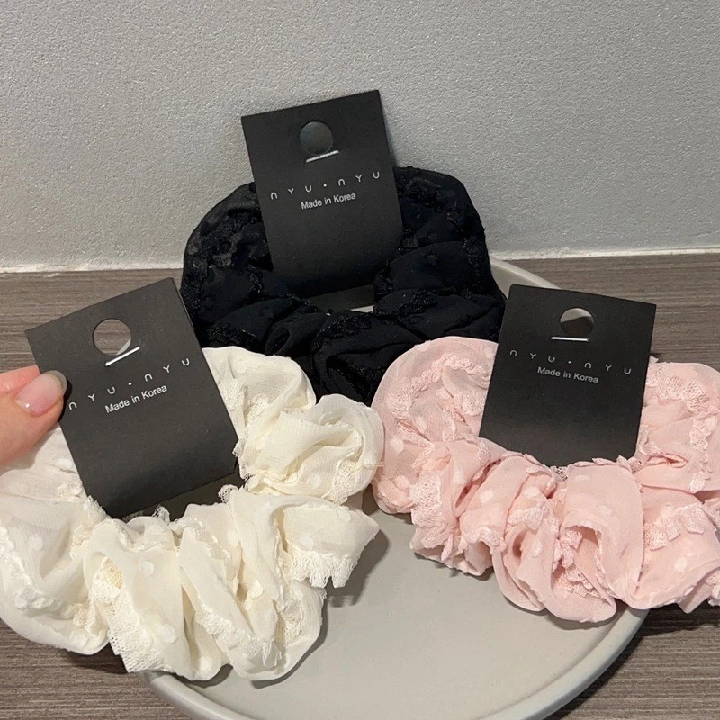 2024 แฟชั่นสีทึบผ้ากอซลูกไม้ Scrunchy Hair Tie