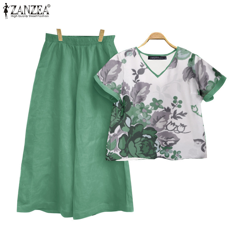 ZANZEA ใส่ ซานเซีย ผู้หญิงเกาหลีสบายๆพิมพ์คอวียืดหยุ่นเอวกว้างขาท็อปส์กางเกง