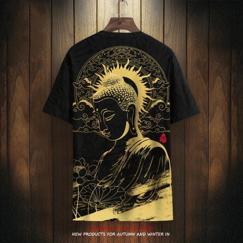 เสื้อยืดแขนสั้นผู้ชายหลวมขนาดบวกสไตล์จีนผู้ชายด้านบนฤดูร้อนแห้งเร็วระบายอากาศแขนสั้นรูปปั้นพระพุทธรูปพิมพ์เสื้อยืดระบายอ